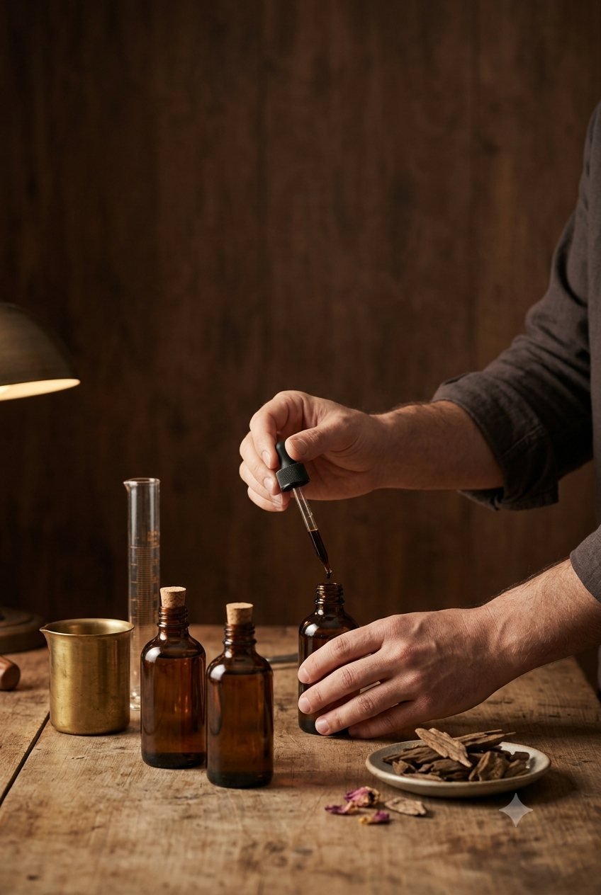 Perfumer blending oils at the Lahore atelier bench