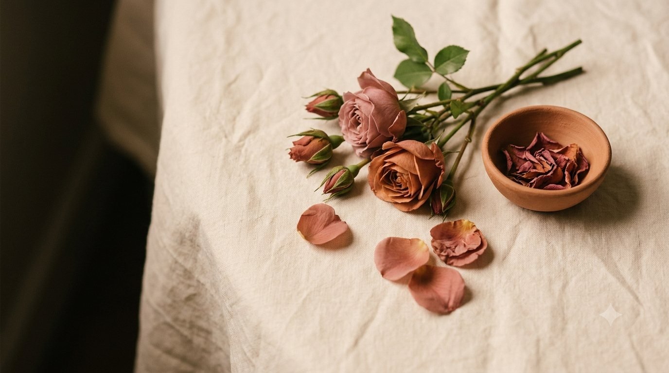 Dusty roses and petals on linen